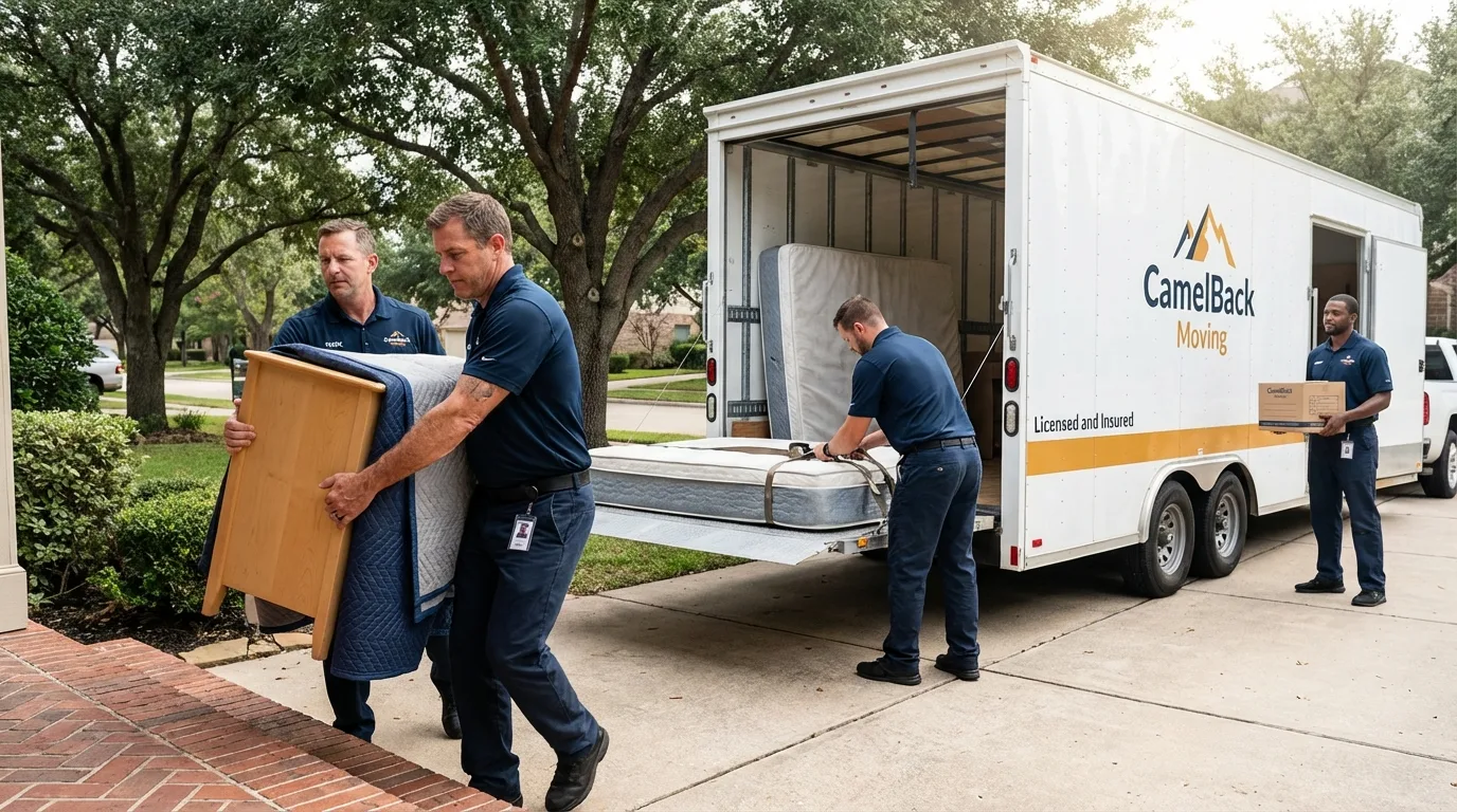 Crew loading residential truck for cross-state move from Santa Margarita, CA
