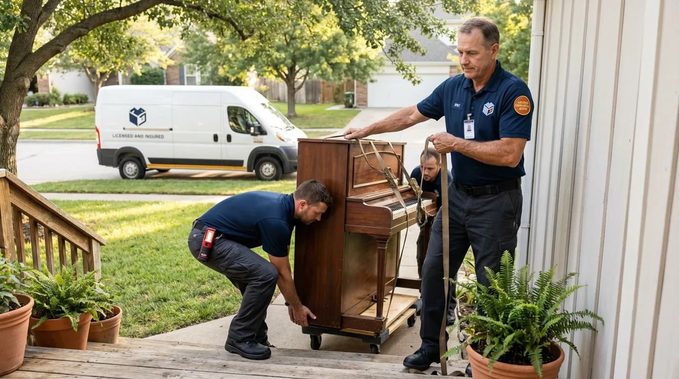 Licensed piano movers securing grand piano in Santa Margarita, CA