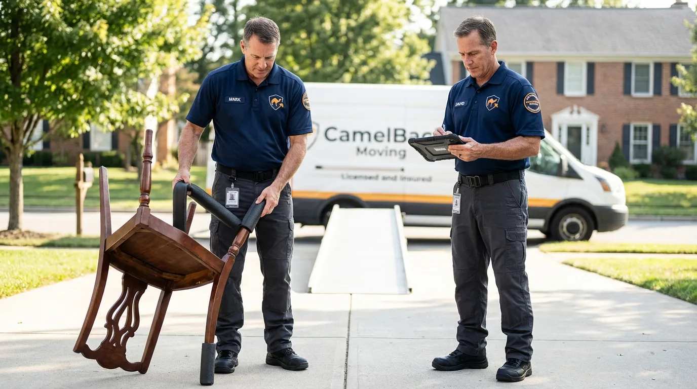 Movers inspecting furniture for damage prevention before loading in Santa Margarita, CA