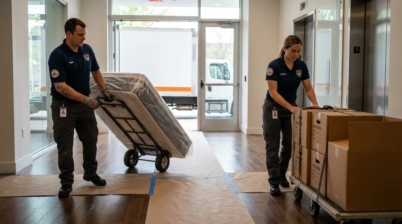 Professional apartment movers loading elevator in Santa Margarita, CA